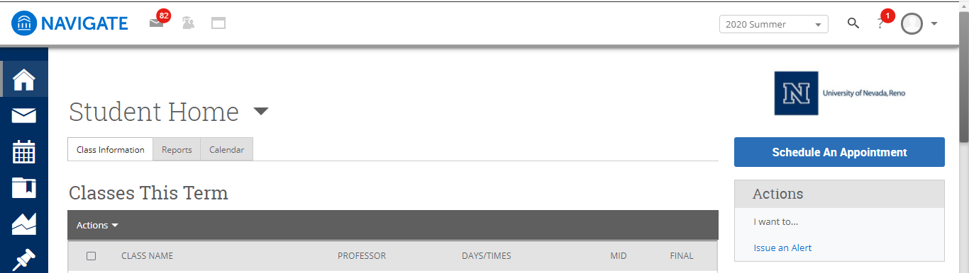 Screenshot of SSC-Campus student dashboard with a vertical menu on the left, main classes field, quick links on the right rail and a blue get access button on the right