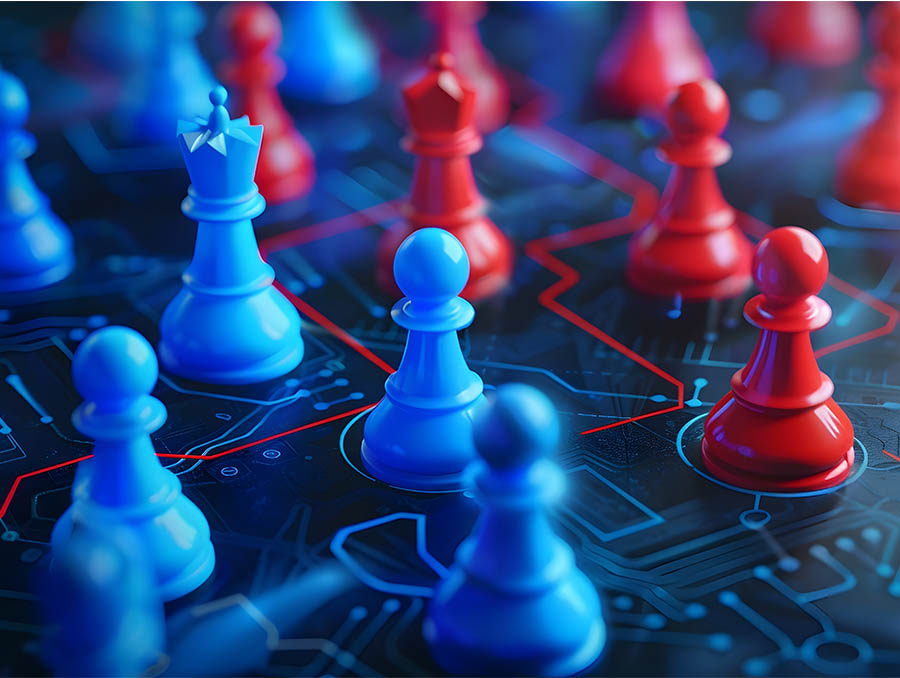 Blue and red chess pieces are placed on a glowing circuit board, symbolizing strategic competition in cybersecurity or digital warfare.